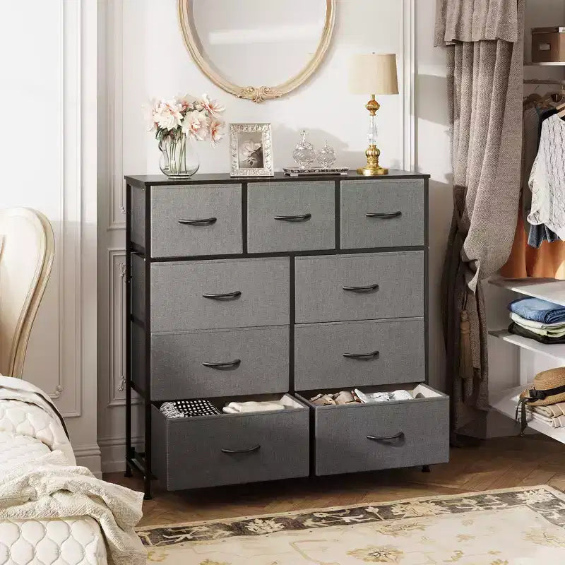 Commode de rangement à 9 tiroirs en tissu pour chambre à coucher, couloir, placard avec bacs en tissu, cadre en acier, dessus en bois, poignée facile à tirer