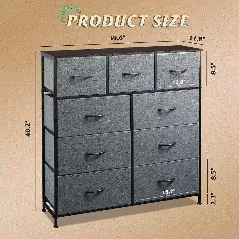 Commode de rangement à 9 tiroirs en tissu pour chambre à coucher, couloir, placard avec bacs en tissu, cadre en acier, dessus en bois, poignée facile à tirer