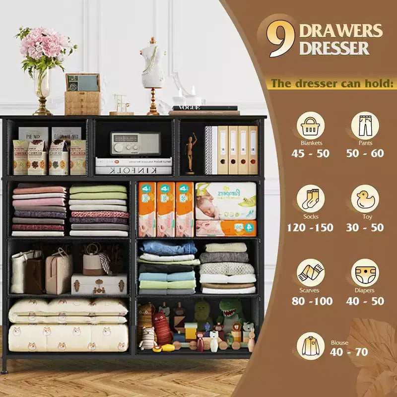 Commode de rangement à 9 tiroirs en tissu pour chambre à coucher, couloir, placard avec bacs en tissu, cadre en acier, dessus en bois, poignée facile à tirer