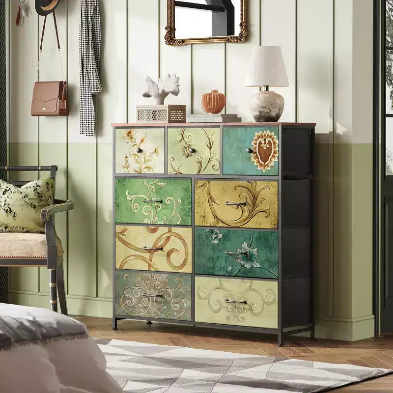 Commode de rangement à 9 tiroirs en tissu pour chambre à coucher, couloir, placard avec bacs en tissu, cadre en acier, dessus en bois, poignée facile à tirer
