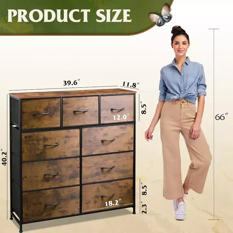 Dresser 9-Drawer Fabric Storage Tower Chest for Bedroom, Hallway, Closet with Fabric Bins, Steel Frame, Wood Top, Easy Pull Handle