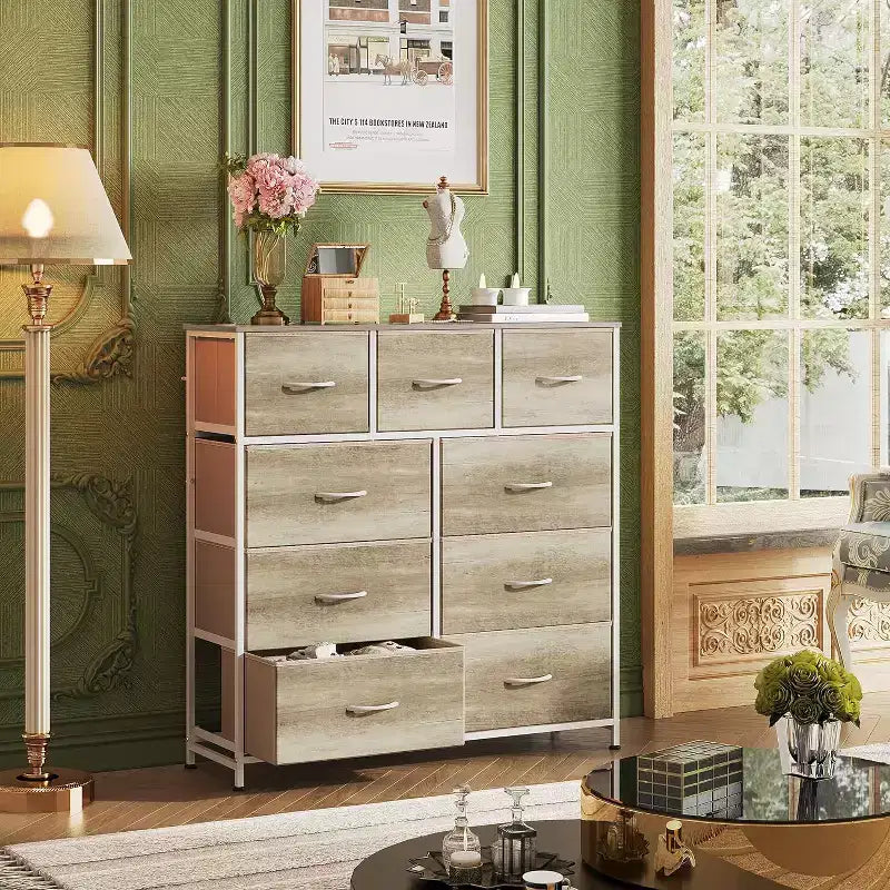 Commode de rangement à 9 tiroirs en tissu pour chambre à coucher, couloir, placard avec bacs en tissu, cadre en acier, dessus en bois, poignée facile à tirer