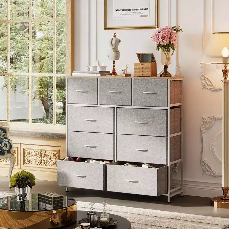 Commode de rangement à 9 tiroirs en tissu pour chambre à coucher, couloir, placard avec bacs en tissu, cadre en acier, dessus en bois, poignée facile à tirer