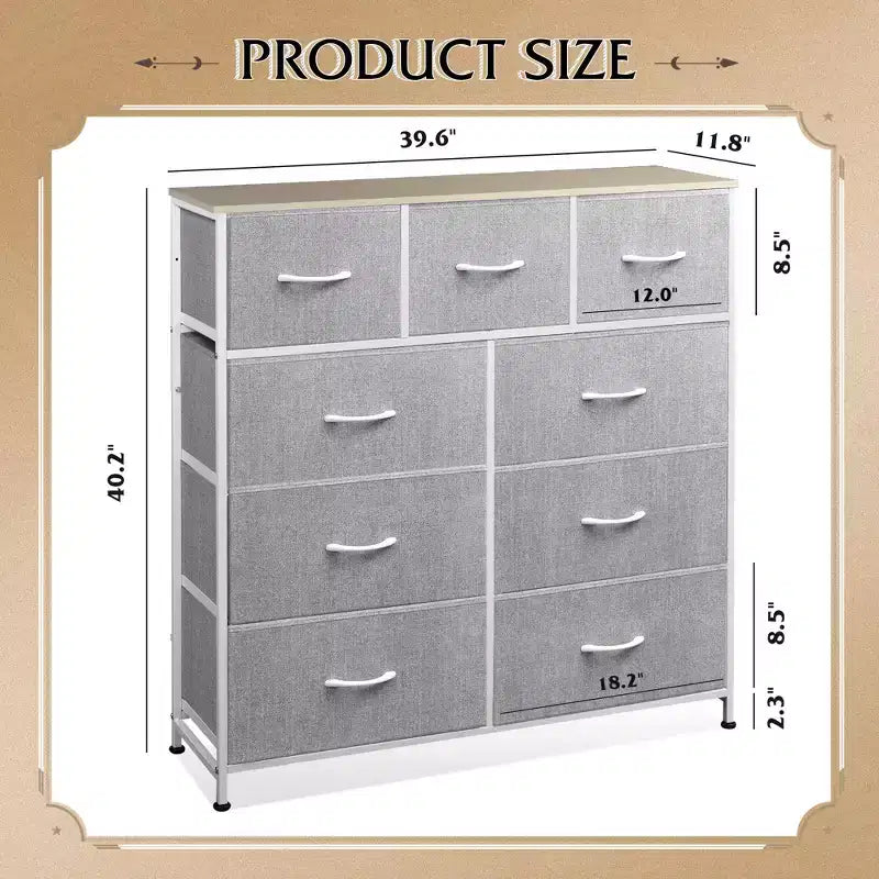 Commode de rangement à 9 tiroirs en tissu pour chambre à coucher, couloir, placard avec bacs en tissu, cadre en acier, dessus en bois, poignée facile à tirer