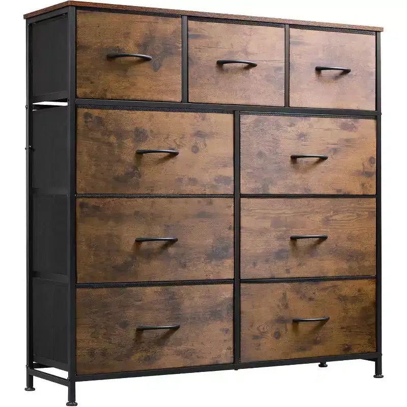 Commode de rangement à 9 tiroirs en tissu pour chambre à coucher, couloir, placard avec bacs en tissu, cadre en acier, dessus en bois, poignée facile à tirer