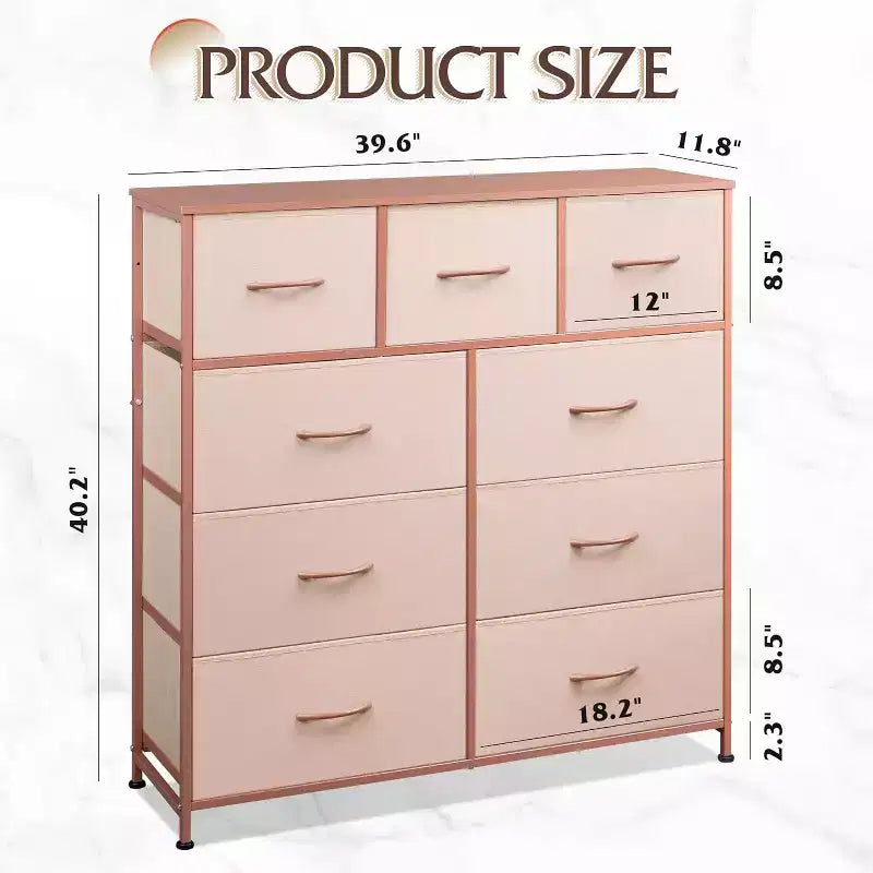 Commode de rangement à 9 tiroirs en tissu pour chambre à coucher, couloir, placard avec bacs en tissu, cadre en acier, dessus en bois, poignée facile à tirer