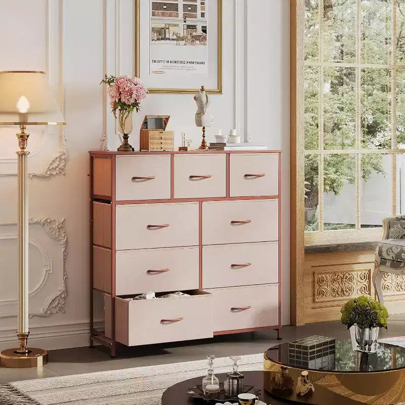 Commode de rangement à 9 tiroirs en tissu pour chambre à coucher, couloir, placard avec bacs en tissu, cadre en acier, dessus en bois, poignée facile à tirer