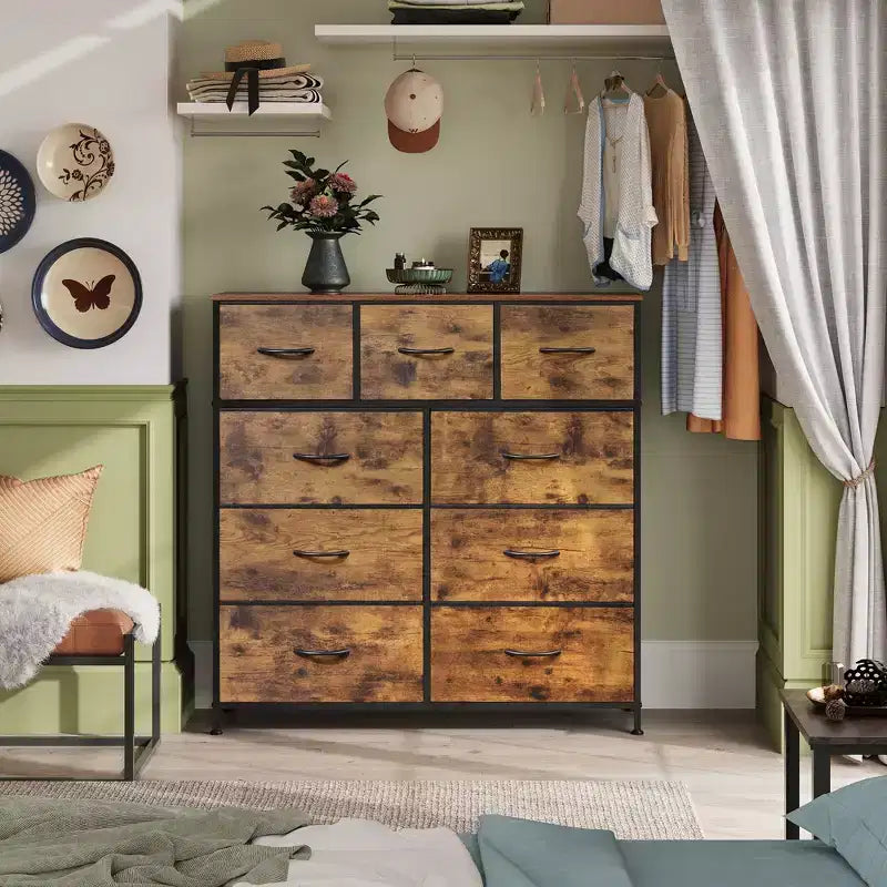 Commode de rangement à 9 tiroirs en tissu pour chambre à coucher, couloir, placard avec bacs en tissu, cadre en acier, dessus en bois, poignée facile à tirer
