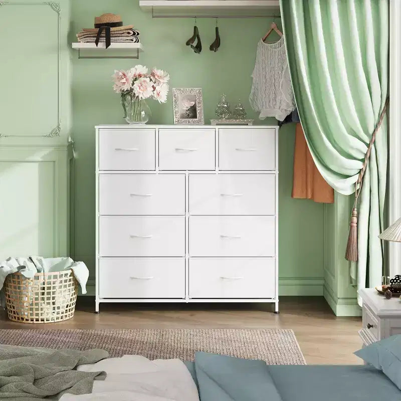 Commode de rangement à 9 tiroirs en tissu pour chambre à coucher, couloir, placard avec bacs en tissu, cadre en acier, dessus en bois, poignée facile à tirer