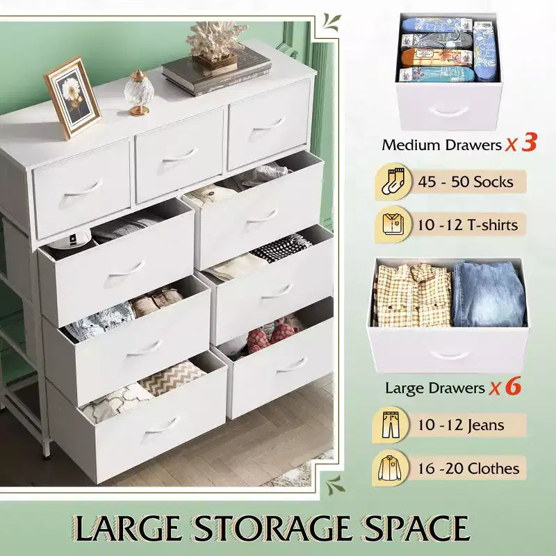 Commode de rangement à 9 tiroirs en tissu pour chambre à coucher, couloir, placard avec bacs en tissu, cadre en acier, dessus en bois, poignée facile à tirer