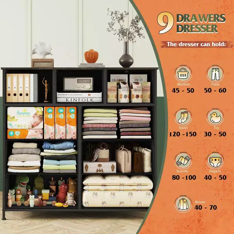 Dresser 9-Drawer Fabric Storage Tower Chest for Bedroom, Hallway, Closet with Fabric Bins, Steel Frame, Wood Top, Easy Pull Handle