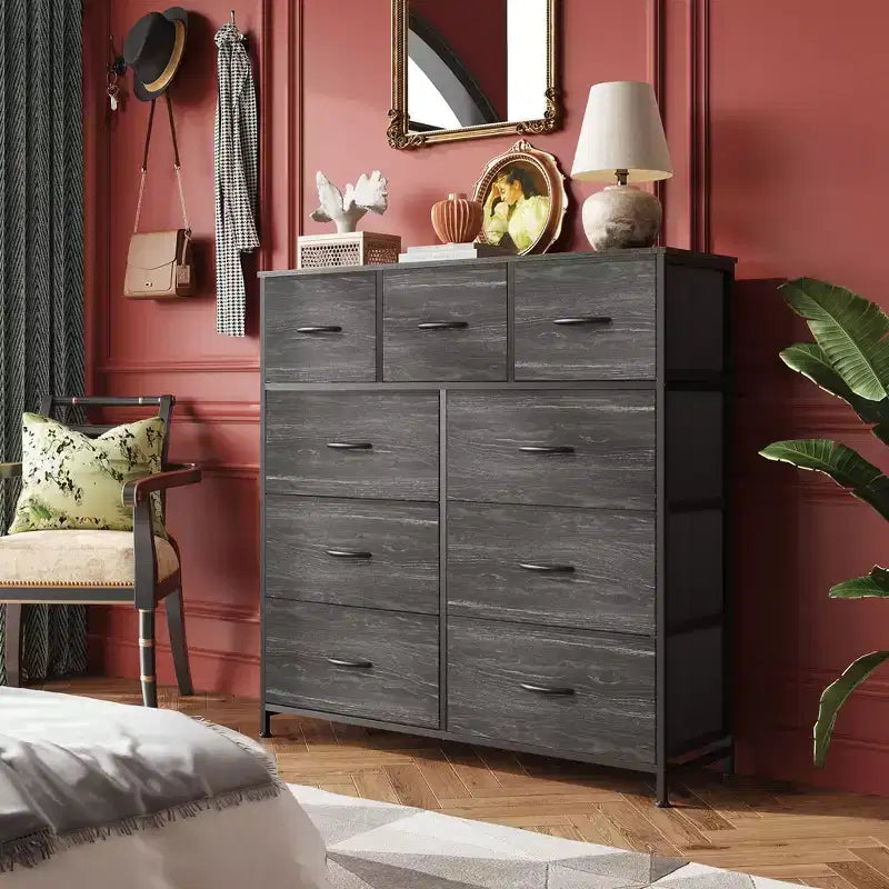 Commode de rangement à 9 tiroirs en tissu pour chambre à coucher, couloir, placard avec bacs en tissu, cadre en acier, dessus en bois, poignée facile à tirer