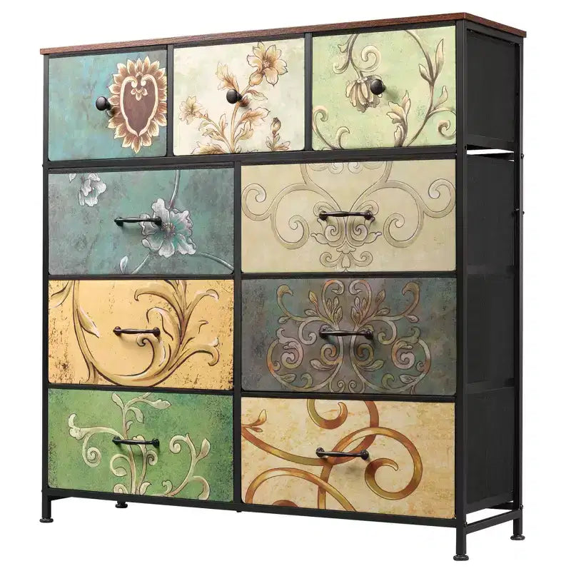 Dresser 9-Drawer Fabric Storage Tower Chest for Bedroom, Hallway, Closet with Fabric Bins, Steel Frame, Wood Top, Easy Pull Handle