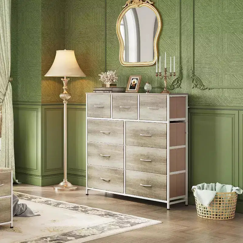 Dresser 9-Drawer Fabric Storage Tower Chest for Bedroom, Hallway, Closet with Fabric Bins, Steel Frame, Wood Top, Easy Pull Handle