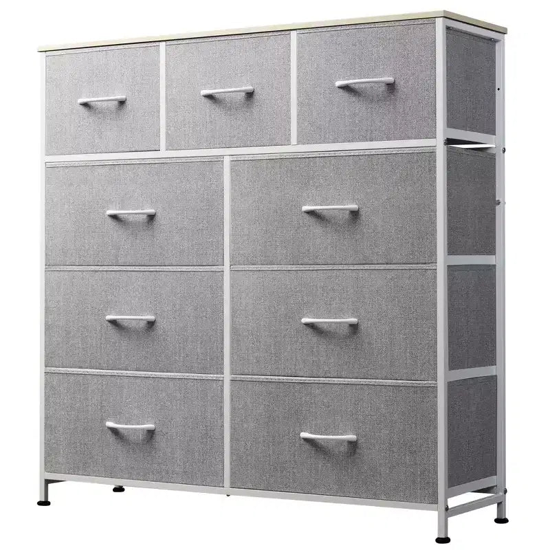Dresser 9-Drawer Fabric Storage Tower Chest for Bedroom, Hallway, Closet with Fabric Bins, Steel Frame, Wood Top, Easy Pull Handle