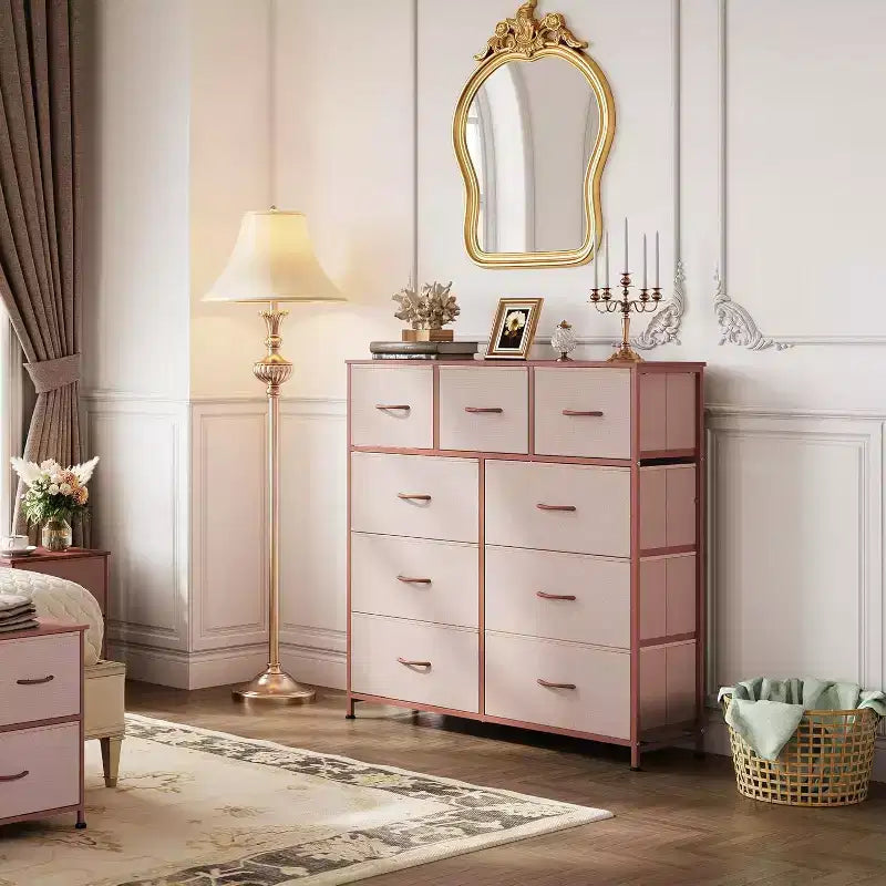 Dresser 9-Drawer Fabric Storage Tower Chest for Bedroom, Hallway, Closet with Fabric Bins, Steel Frame, Wood Top, Easy Pull Handle