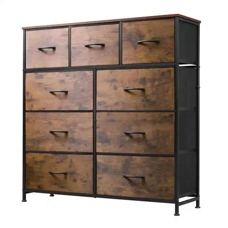 Dresser 9-Drawer Fabric Storage Tower Chest for Bedroom, Hallway, Closet with Fabric Bins, Steel Frame, Wood Top, Easy Pull Handle