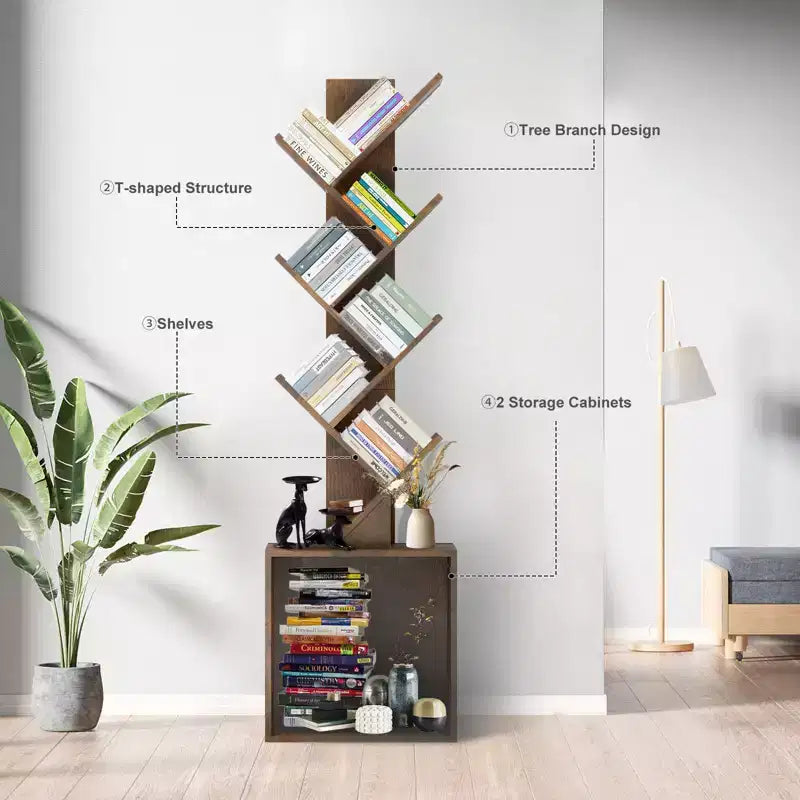 52.4 in. Tall Tree-Shaped Wood Bookshelf with Storage Cabinet, 6-Shelf Freestanding Bookcase for CDs/Movies/Books