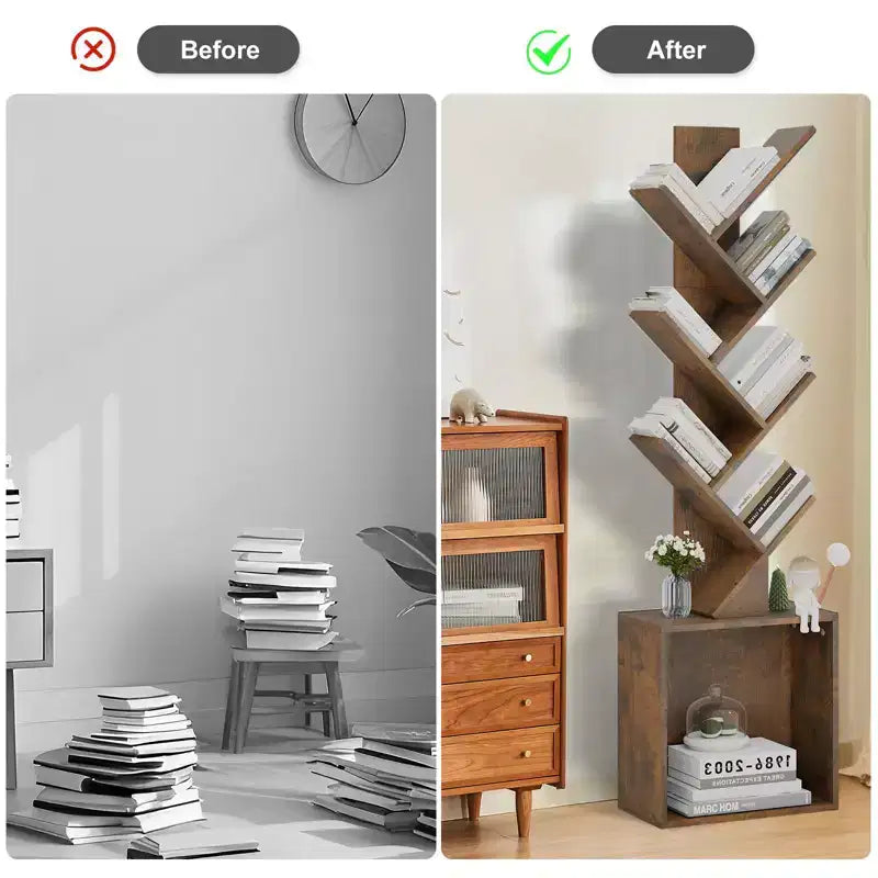 52.4 in. Tall Tree-Shaped Wood Bookshelf with Storage Cabinet, 6-Shelf Freestanding Bookcase for CDs/Movies/Books