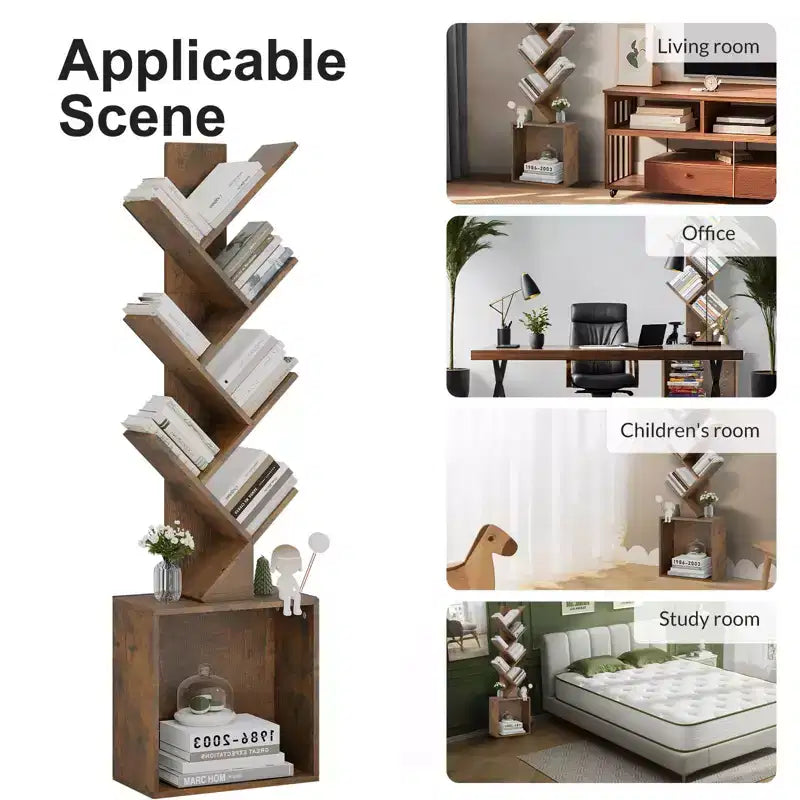 52.4 in. Tall Tree-Shaped Wood Bookshelf with Storage Cabinet, 6-Shelf Freestanding Bookcase for CDs/Movies/Books
