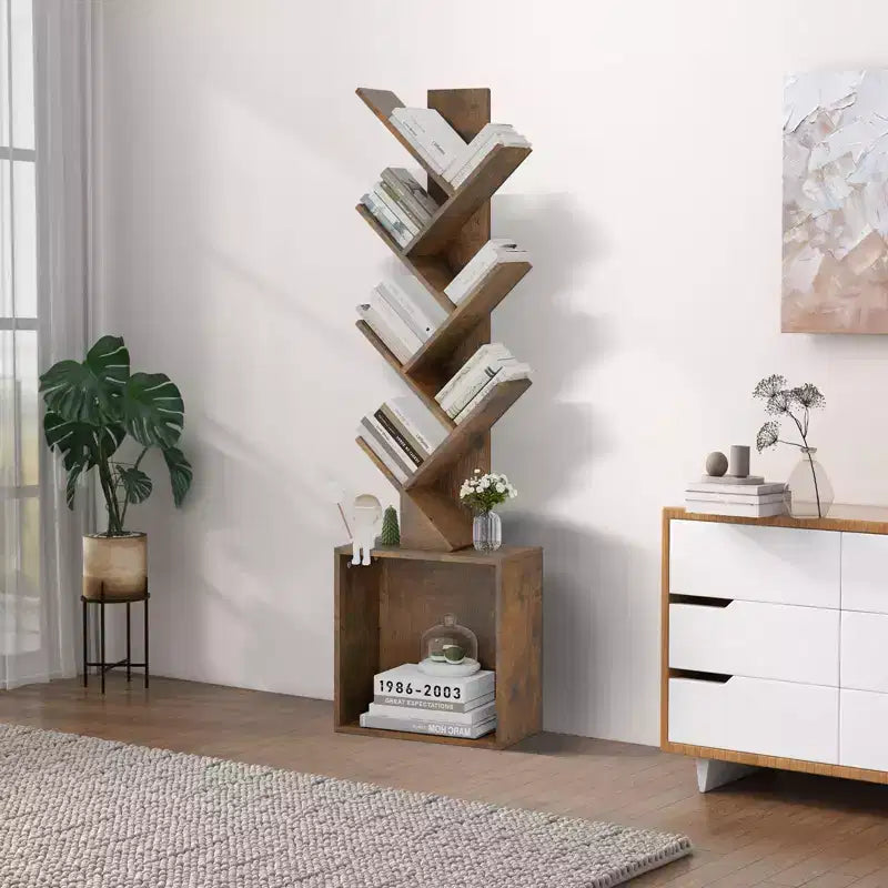 52.4 in. Tall Tree-Shaped Wood Bookshelf with Storage Cabinet, 6-Shelf Freestanding Bookcase for CDs/Movies/Books