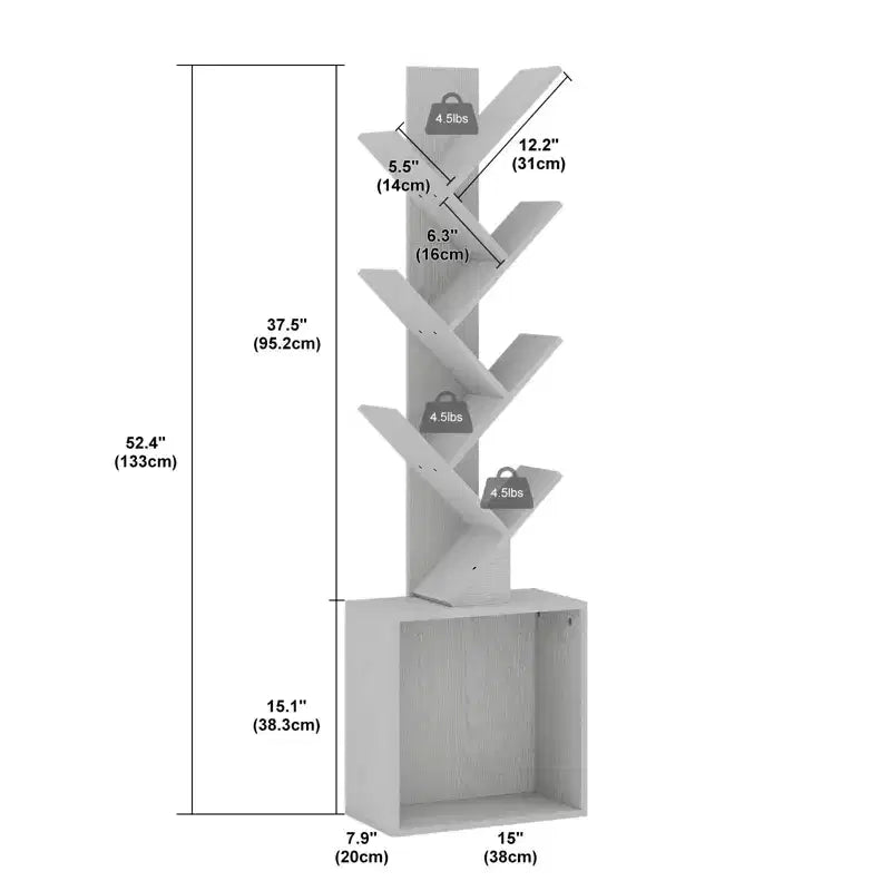 52.4 in. Tall Tree-Shaped Wood Bookshelf with Storage Cabinet, 6-Shelf Freestanding Bookcase for CDs/Movies/Books
