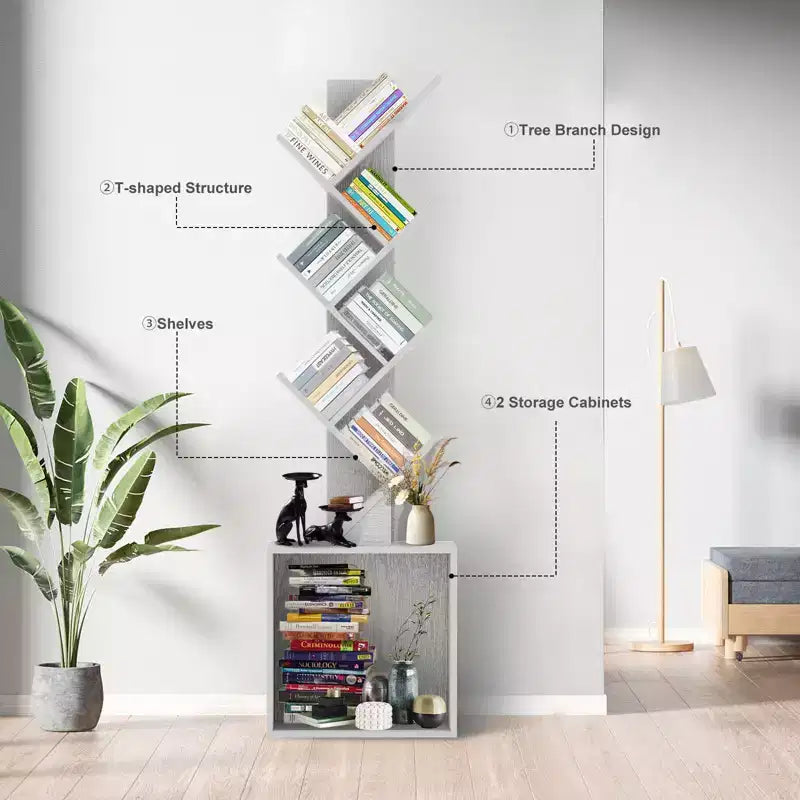 52.4 in. Tall Tree-Shaped Wood Bookshelf with Storage Cabinet, 6-Shelf Freestanding Bookcase for CDs/Movies/Books