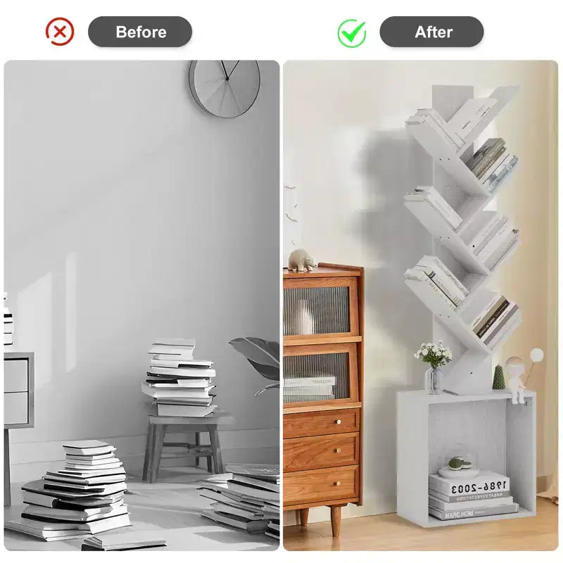 52.4 in. Tall Tree-Shaped Wood Bookshelf with Storage Cabinet, 6-Shelf Freestanding Bookcase for CDs/Movies/Books