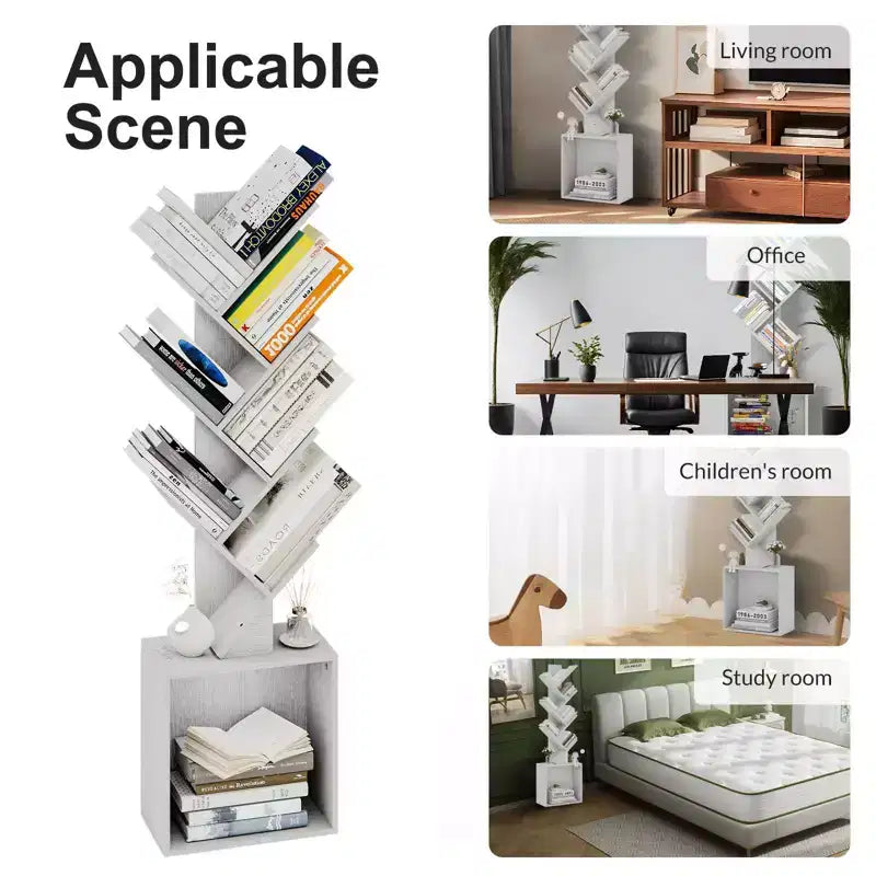 52.4 in. Tall Tree-Shaped Wood Bookshelf with Storage Cabinet, 6-Shelf Freestanding Bookcase for CDs/Movies/Books