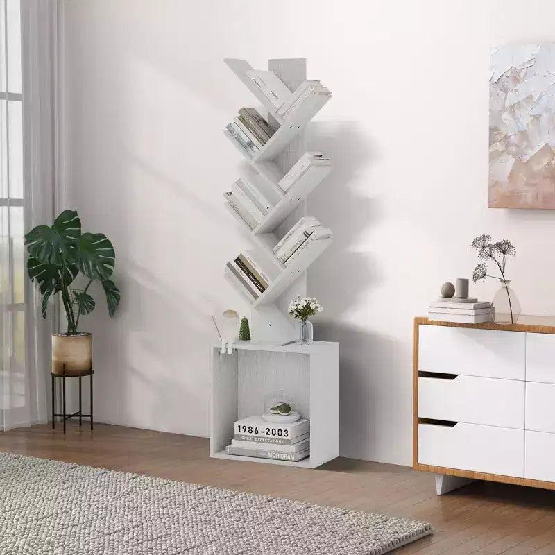 52.4 in. Tall Tree-Shaped Wood Bookshelf with Storage Cabinet, 6-Shelf Freestanding Bookcase for CDs/Movies/Books