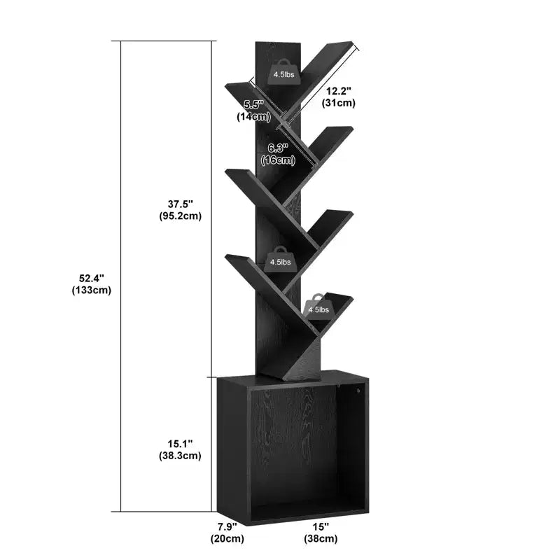 52.4 in. Tall Tree-Shaped Wood Bookshelf with Storage Cabinet, 6-Shelf Freestanding Bookcase for CDs/Movies/Books