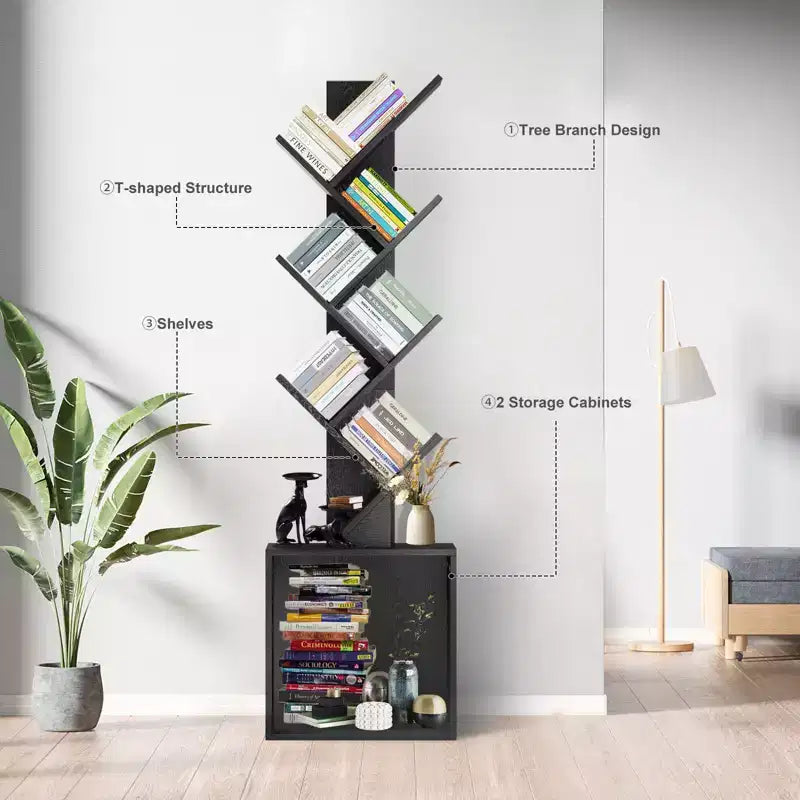 52.4 in. Tall Tree-Shaped Wood Bookshelf with Storage Cabinet, 6-Shelf Freestanding Bookcase for CDs/Movies/Books