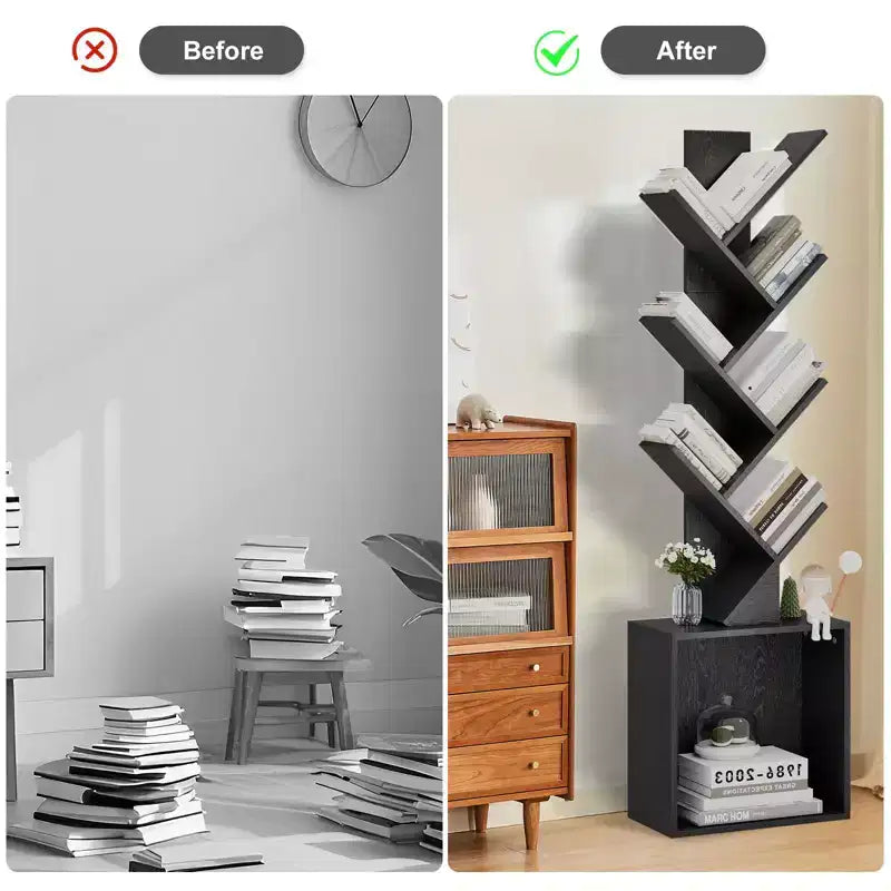 52.4 in. Tall Tree-Shaped Wood Bookshelf with Storage Cabinet, 6-Shelf Freestanding Bookcase for CDs/Movies/Books