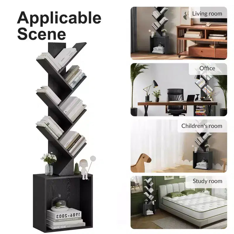 52.4 in. Tall Tree-Shaped Wood Bookshelf with Storage Cabinet, 6-Shelf Freestanding Bookcase for CDs/Movies/Books