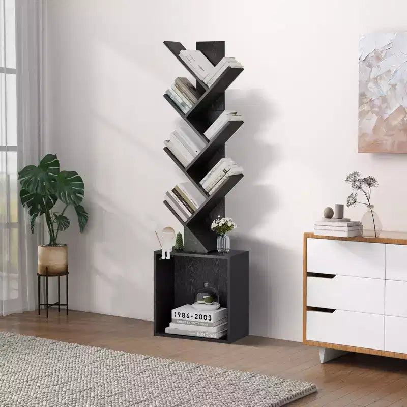 52.4 in. Tall Tree-Shaped Wood Bookshelf with Storage Cabinet, 6-Shelf Freestanding Bookcase for CDs/Movies/Books