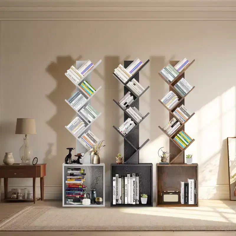 52.4 in. Tall Tree-Shaped Wood Bookshelf with Storage Cabinet, 6-Shelf Freestanding Bookcase for CDs/Movies/Books