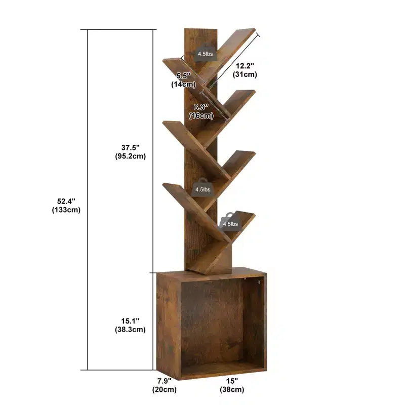 52.4 in. Tall Tree-Shaped Wood Bookshelf with Storage Cabinet, 6-Shelf Freestanding Bookcase for CDs/Movies/Books