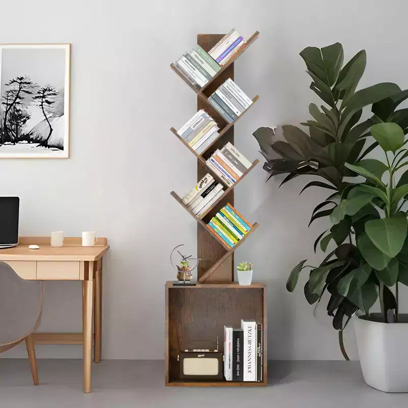 52.4 in. Tall Tree-Shaped Wood Bookshelf with Storage Cabinet, 6-Shelf Freestanding Bookcase for CDs/Movies/Books