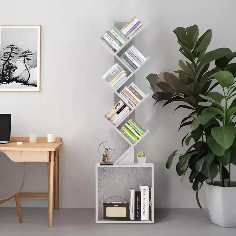 52.4 in. Tall Tree-Shaped Wood Bookshelf with Storage Cabinet, 6-Shelf Freestanding Bookcase for CDs/Movies/Books