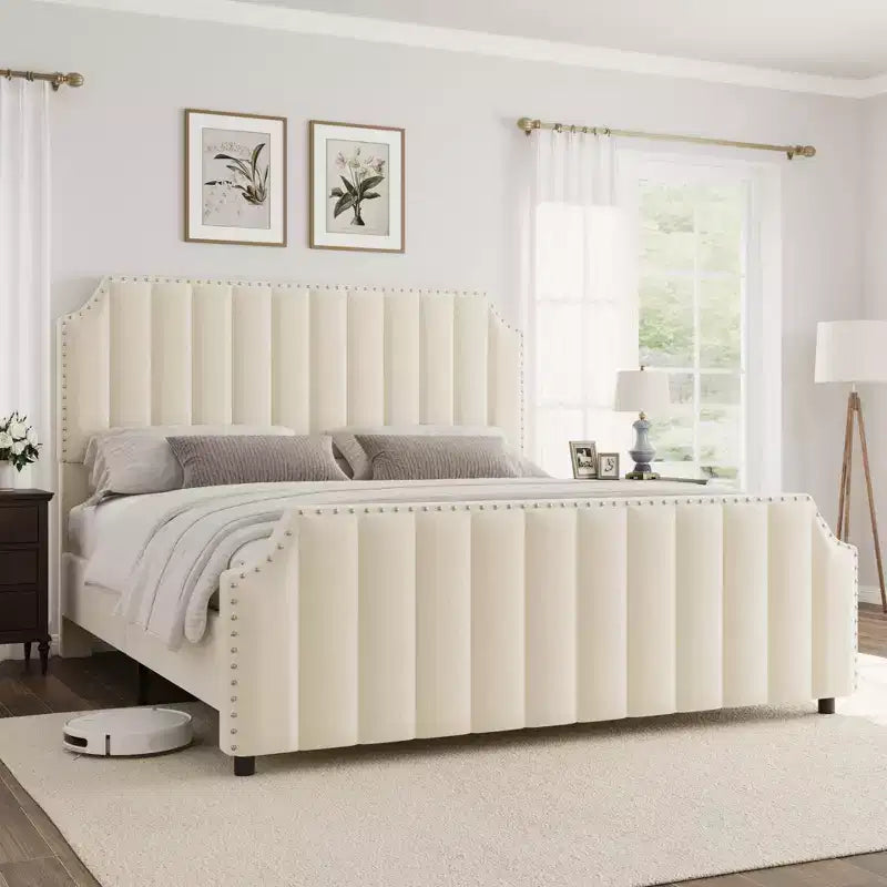 Whizmax Velvet Bed Frame, 50.2 Upholstered Headboard, Footboard with Nailhead Trim, No Box Spring Needed, Solid Wood Slats, Noise Free