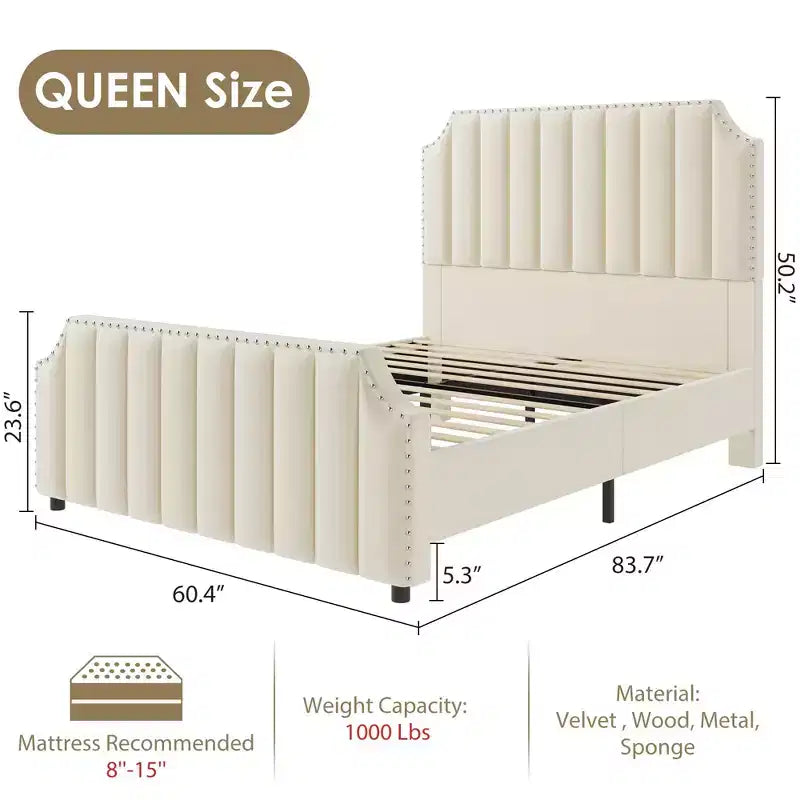 Velvet Bed Frame, 50.2 Upholstered Headboard, Footboard with Nailhead Trim, No Box Spring Needed, Solid Wood Slats, Noise Free