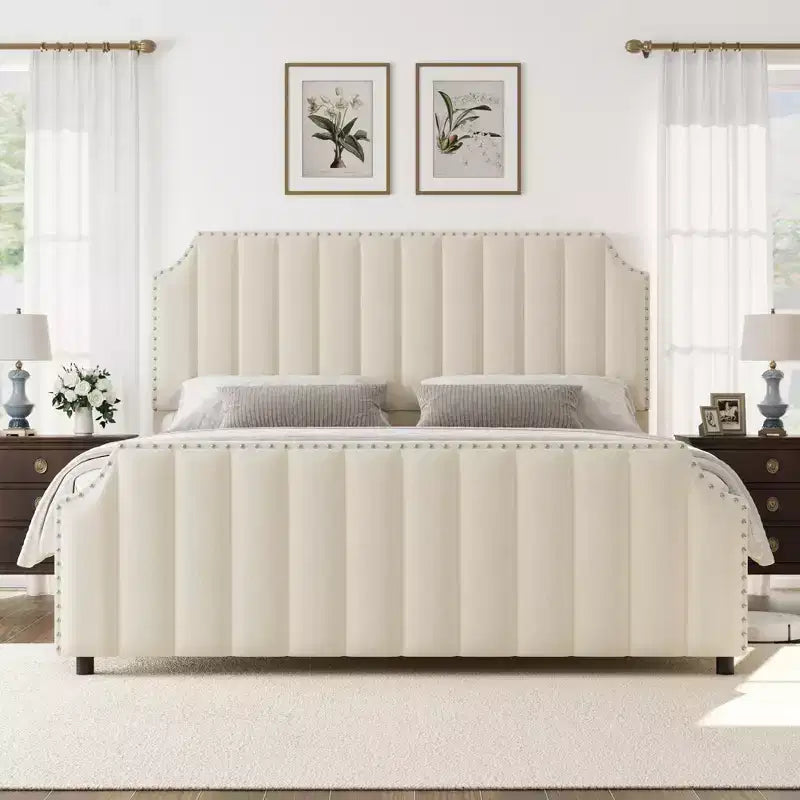 Velvet Bed Frame, 50.2 Upholstered Headboard, Footboard with Nailhead Trim, No Box Spring Needed, Solid Wood Slats, Noise Free