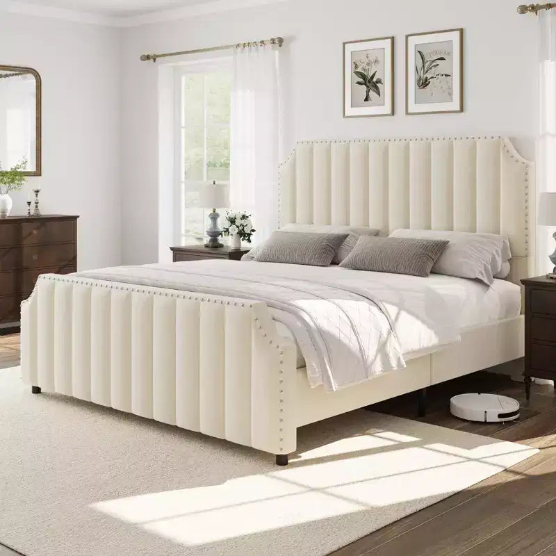 Velvet Bed Frame, 50.2 Upholstered Headboard, Footboard with Nailhead Trim, No Box Spring Needed, Solid Wood Slats, Noise Free