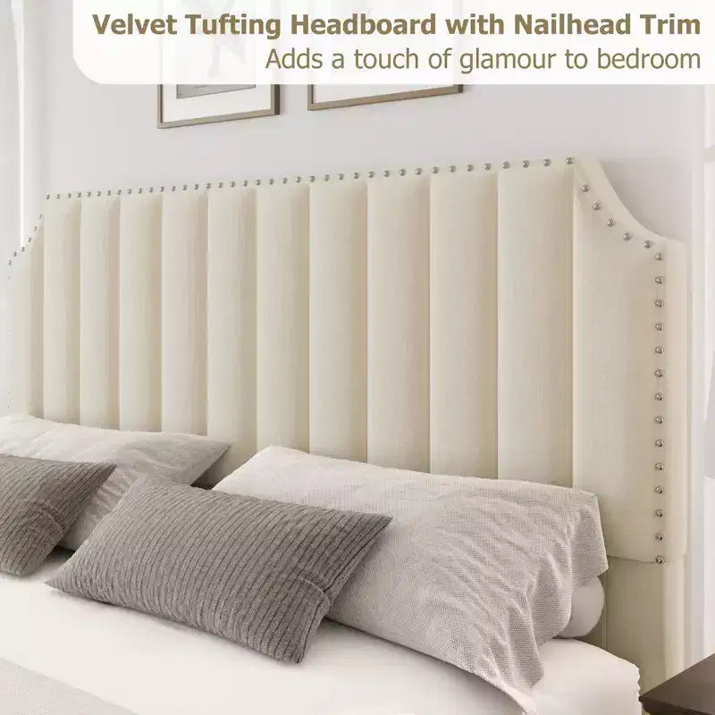 Velvet Bed Frame, 50.2 Upholstered Headboard, Footboard with Nailhead Trim, No Box Spring Needed, Solid Wood Slats, Noise Free