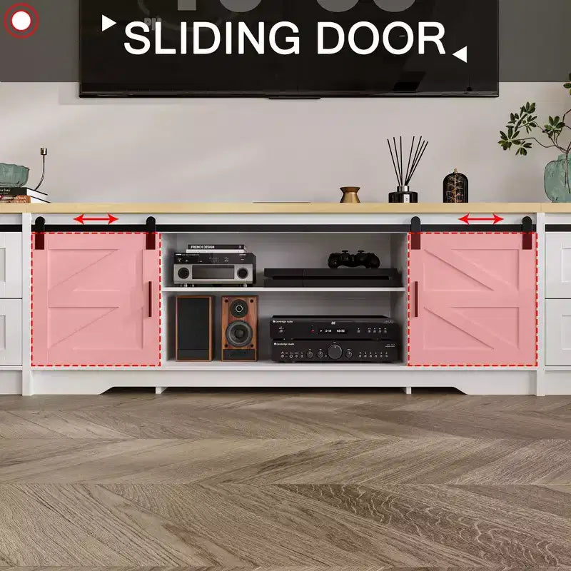 Meuble TV de style ferme moderne avec portes coulissantes à motif de croix et grand espace de rangement – Idéal pour l'organisation et la décoration du salon