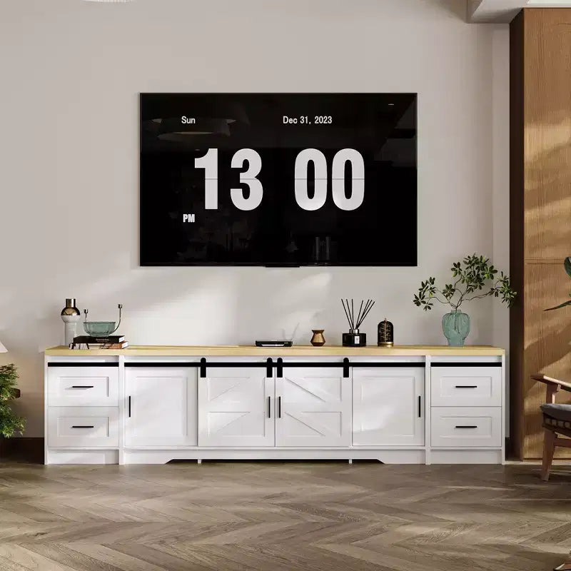 Modern Farmhouse - Style TV Console with Cross - Design Sliding Doors and Ample Storage - Ideal for Living Room Organization and Decor