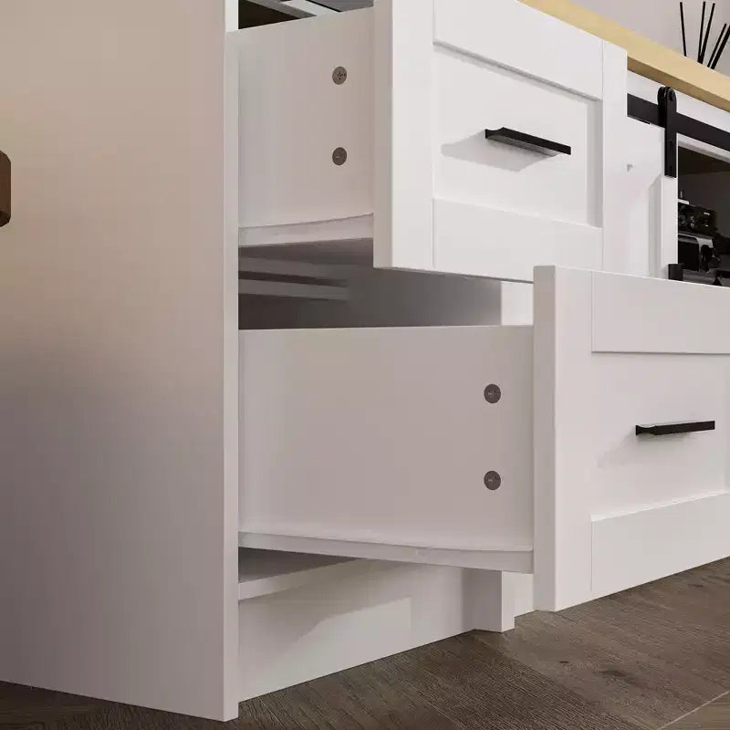 Modern Farmhouse - Style TV Console with Cross - Design Sliding Doors and Ample Storage - Ideal for Living Room Organization and Decor