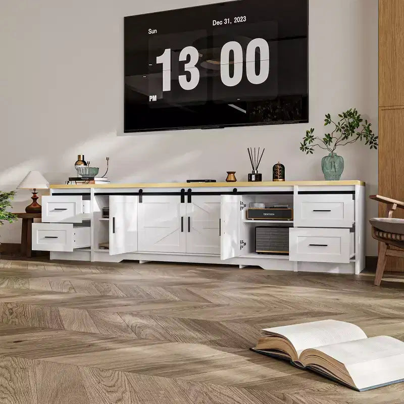 Modern Farmhouse - Style TV Console with Cross - Design Sliding Doors and Ample Storage - Ideal for Living Room Organization and Decor