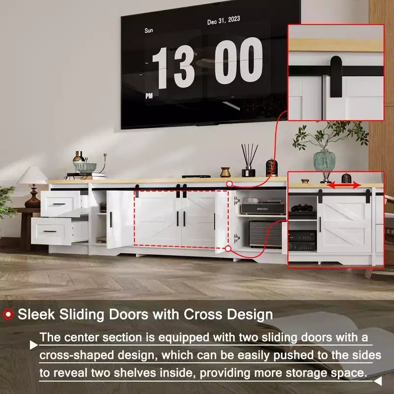 Meuble TV de style ferme moderne avec portes coulissantes à motif de croix et grand espace de rangement – Idéal pour l'organisation et la décoration du salon