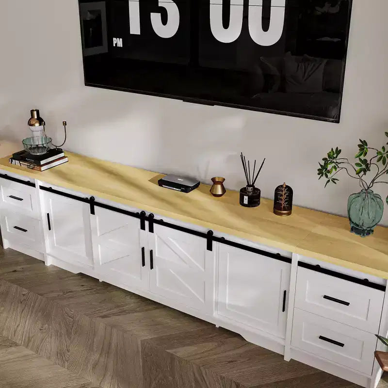 Meuble TV de style ferme moderne avec portes coulissantes à motif de croix et grand espace de rangement – Idéal pour l'organisation et la décoration du salon